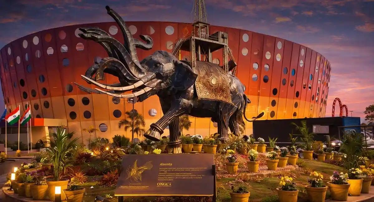 Prithvi Hall with the metal Ahoma elephant sculpture at ATI ONGC, Goa